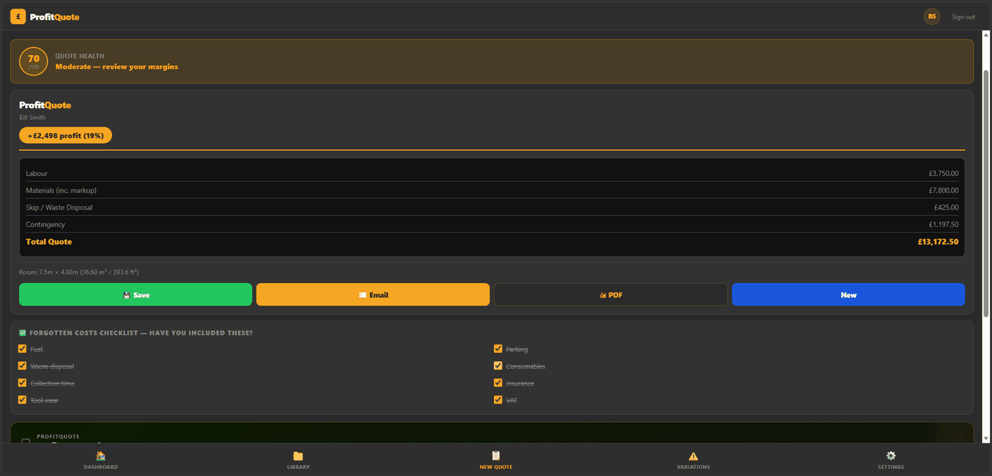 Example ProfitQuote result showing a job cost breakdown